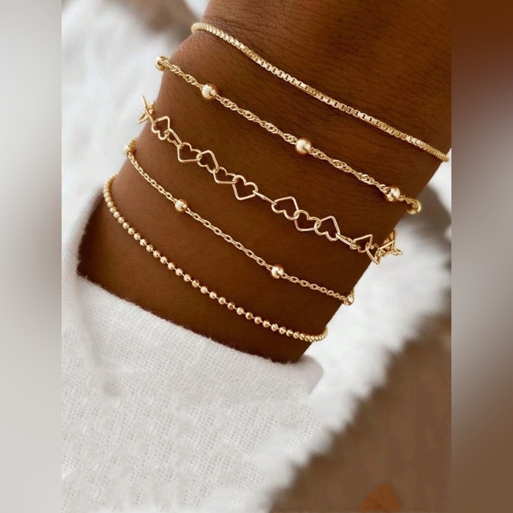 Gold 5pc Dainty Heart Chain Bracelet Set for Women